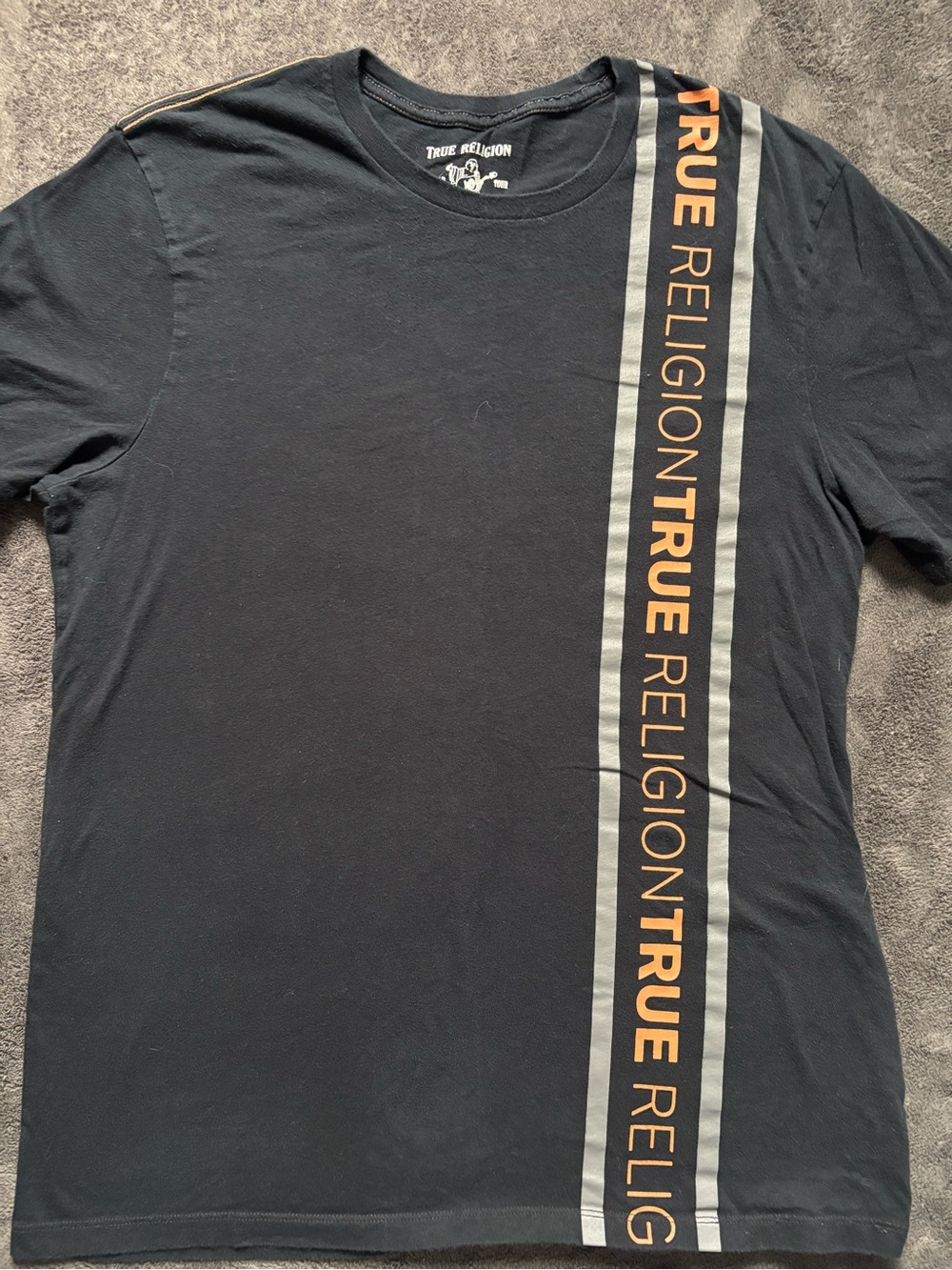 True Religion Black Tee with Orange and Gray Vertical Logo Stripe